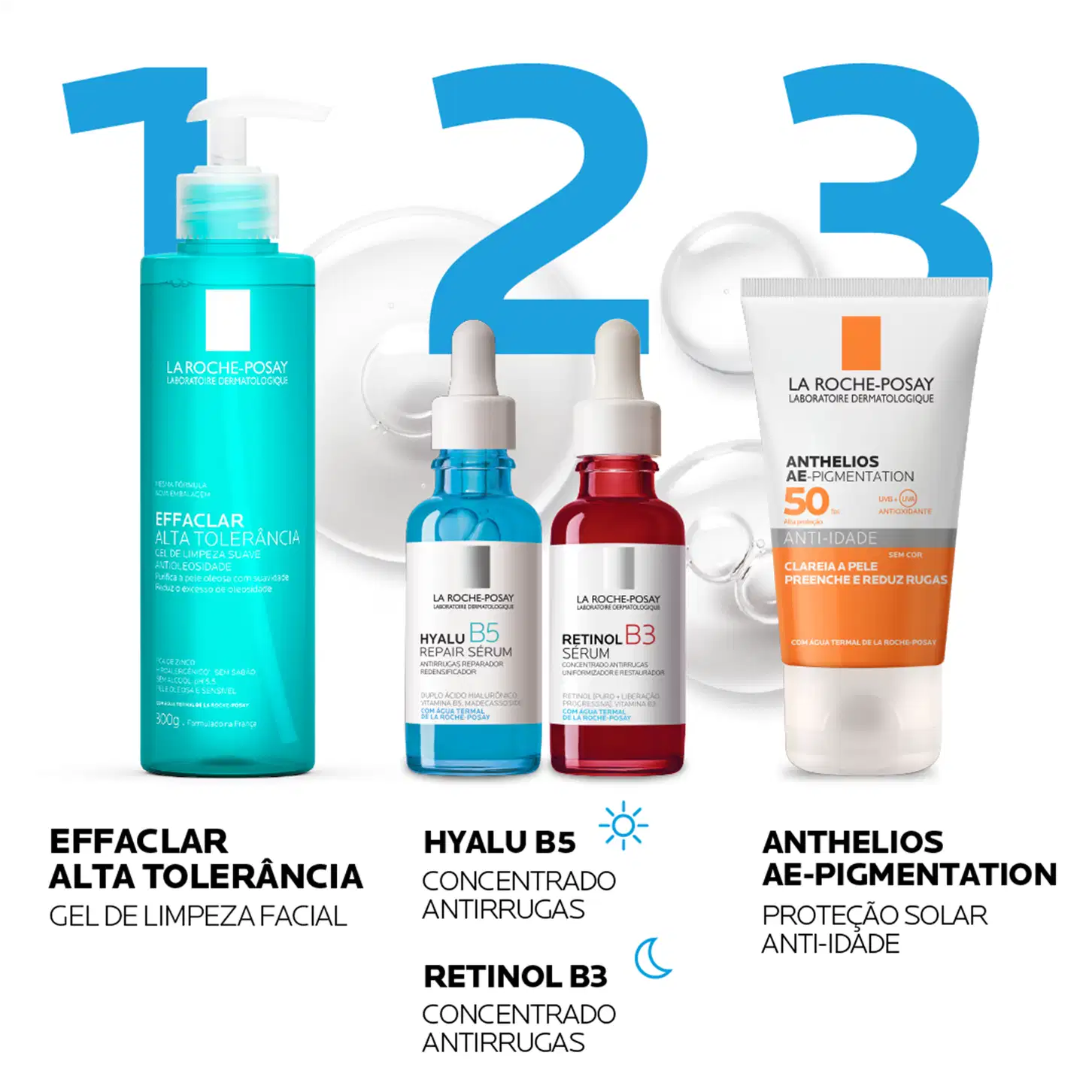 Frasco de vidro vermelho com conta-gotas branco contendo sérum de retinol B3 da marca La Roche-Posay, um produto antirrugas uniformizador e restaurador.