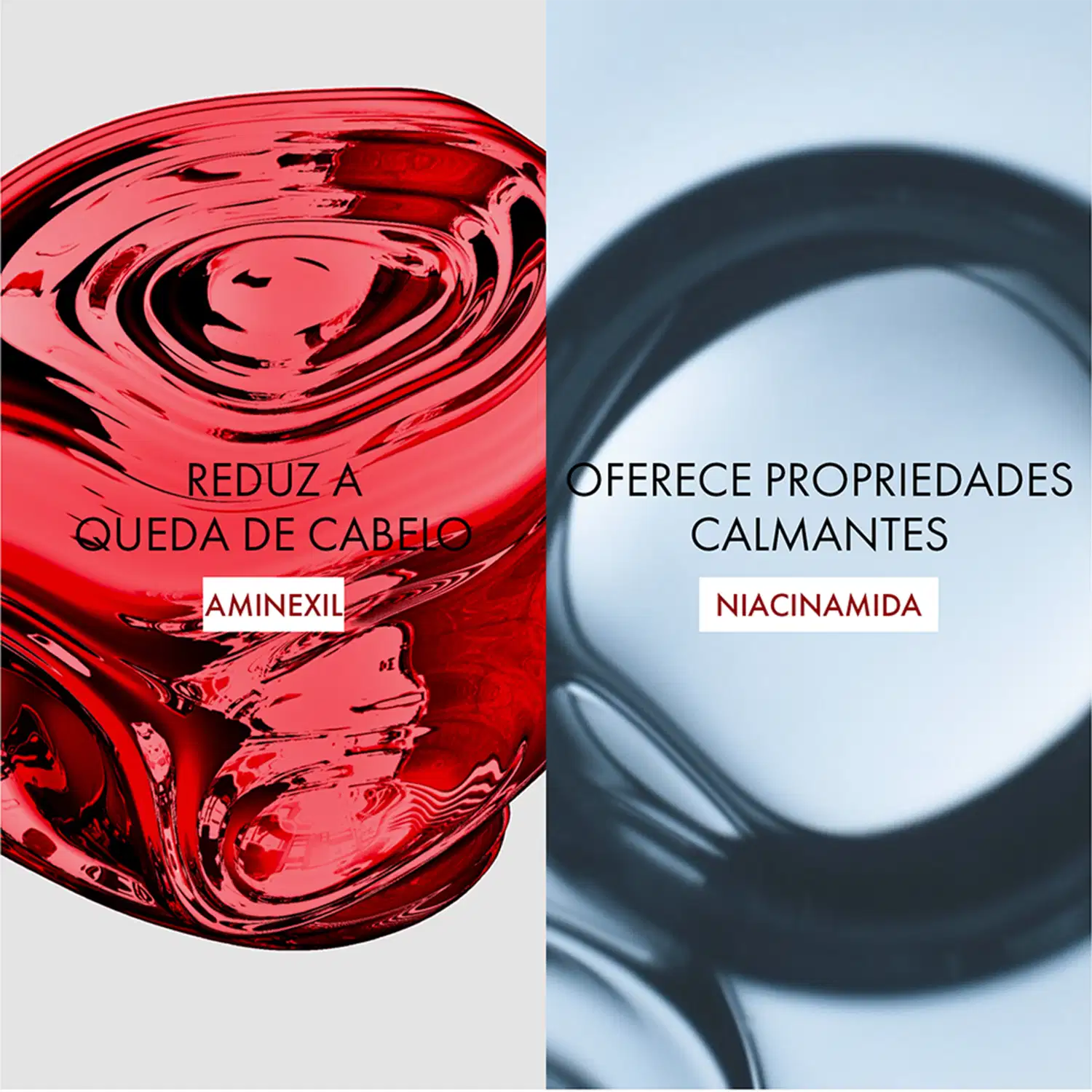 Embalagem vermelha com texto "REDUZ A QUEDA DE CABELO" e "AMINEXIL" em destaque. Abaixo, texto "OFERECE PROPRIEDADES CALMANTES" e "NIACINAMIDA".