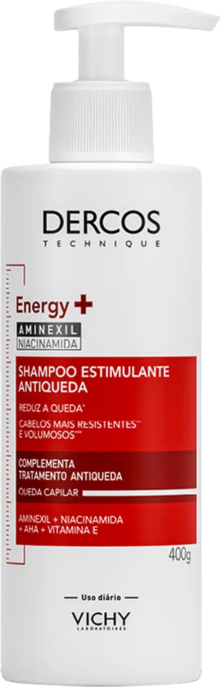 Frasco branco com bomba doseadora da marca Dercos Technique, contendo shampoo estimulante antiqueda com Aminexil, Niacinamida, AHA e Vitamina E, para reduzir a queda e aumentar o volume dos cabelos.
