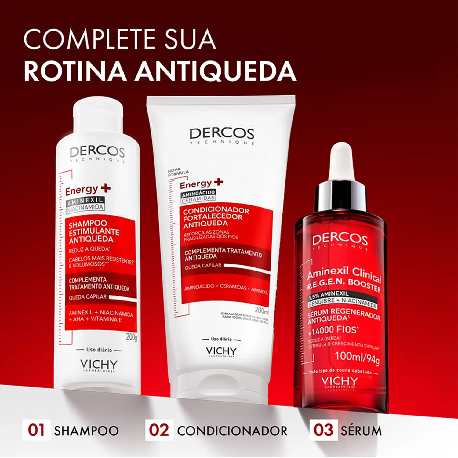 Conjunto de produtos Vichy para rotina antiqueda, incluindo shampoo estimulante, condicionador fortalecedor e sérum regenerador com aminexil, ceramidas e niacinamida.
