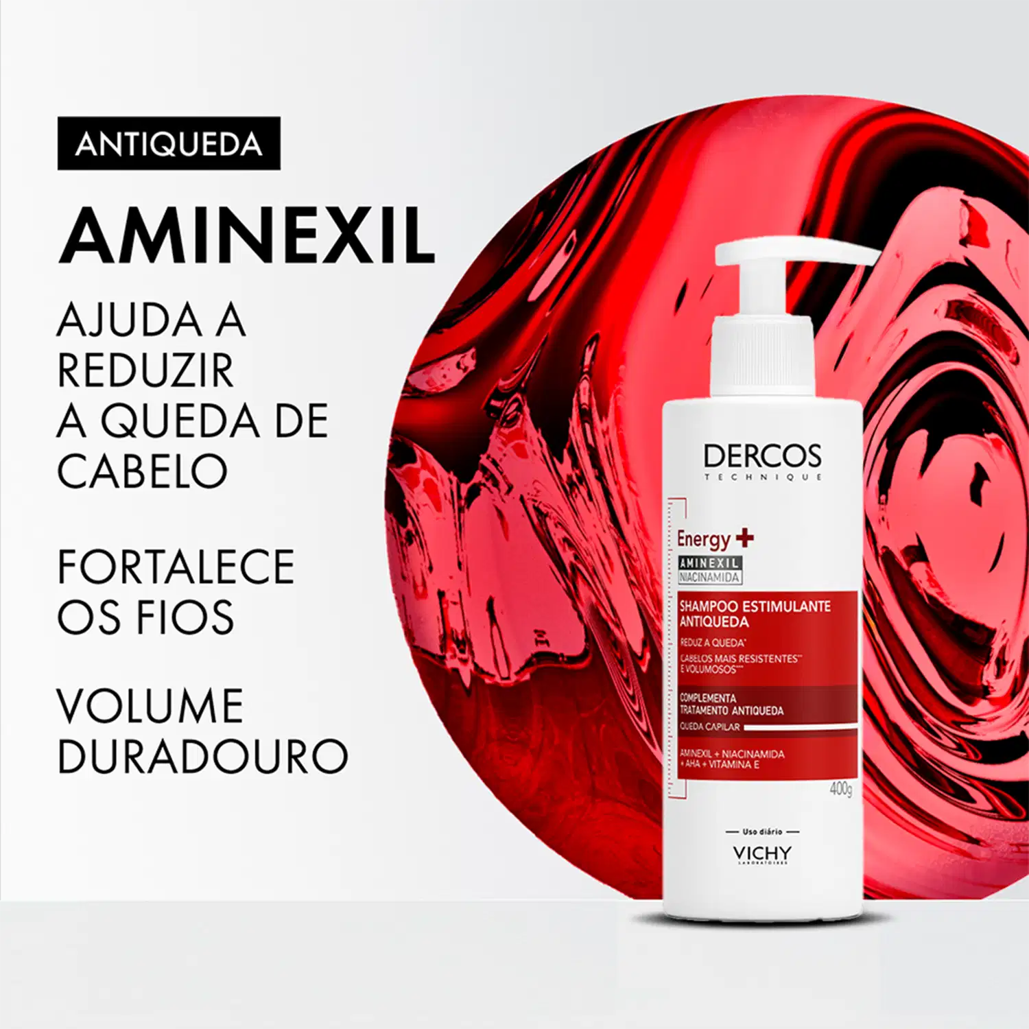Embalagem com texto "AJUDA A REDUZIR A QUEDA DE CABELO", "FORTALECE OS FIOS" e "VOLUME DURADOURO"