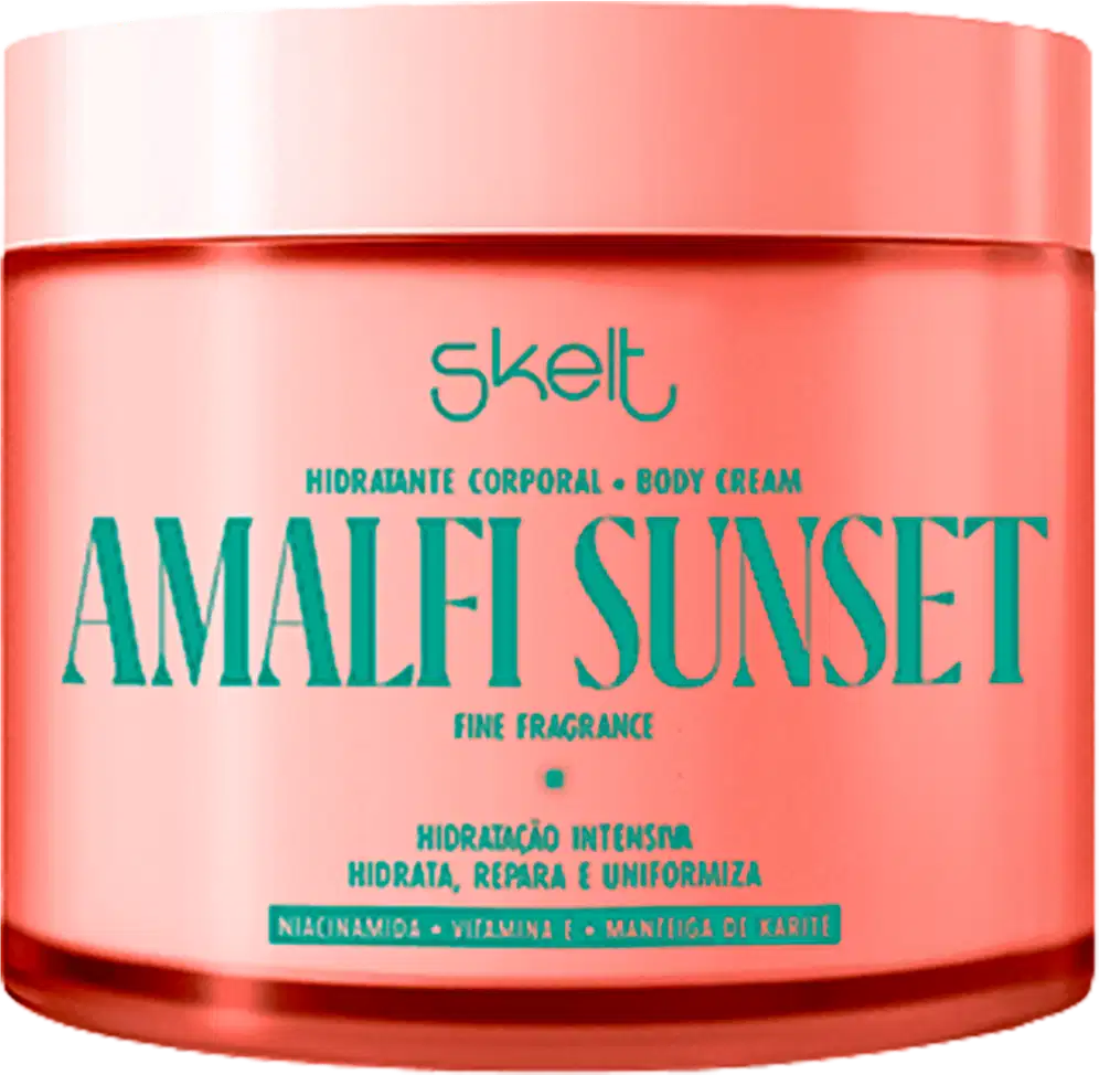 Frasco de creme corporal da marca Skelt, com embalagem rosa e rótulo verde destacando o nome "Amalfi Sunset" e informações sobre o produto.
