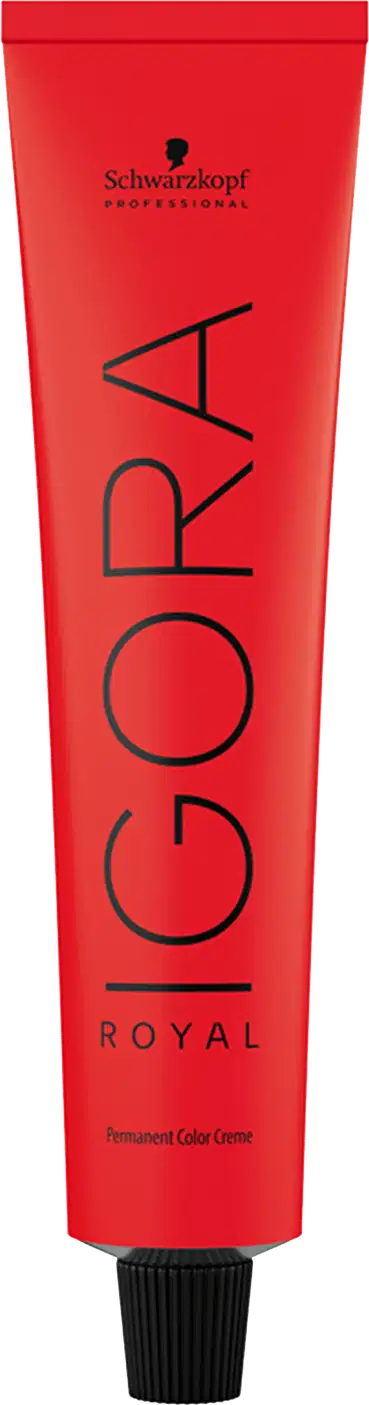 Coloração de cabelo da marca Schwarzkopf Professional, na cor vermelho, com o nome "Igora Royal" impresso em preto. O produto é descrito como uma tintura de cabelo permanente.
