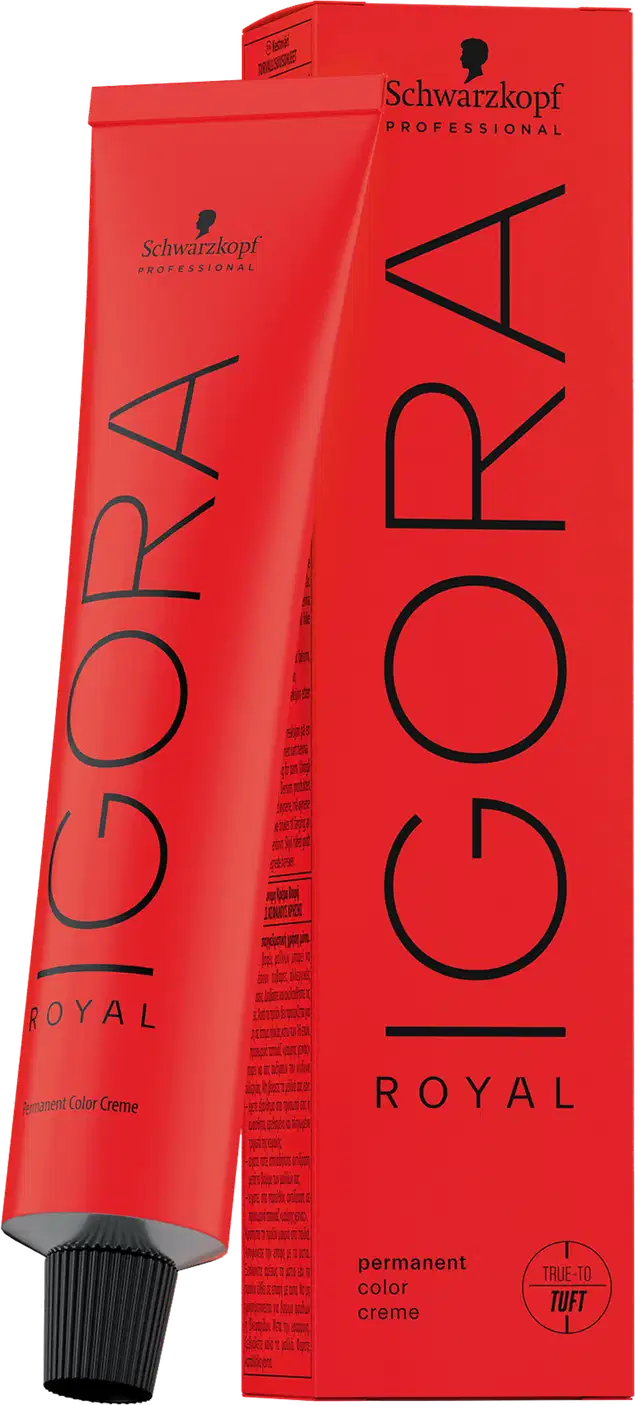 Coloração de cabelo da marca Schwarzkopf Professional, na cor vermelho, com o nome "Igora Royal" impresso em preto. O produto é descrito como uma tintura de cabelo permanente.