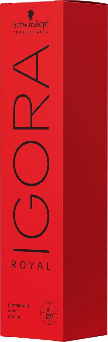 Coloração de cabelo da marca Schwarzkopf Professional, na cor vermelho, com o nome "Igora Royal" impresso em preto. O produto é descrito como uma tintura de cabelo permanente.