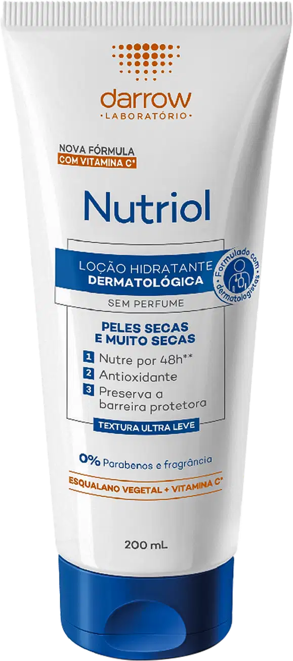 Embalagem plástica branca e azul de 200ml. Rótulo com texto descrevendo os benefícios para peles secas e muito secas, como nutrição por 48 horas, ação antioxidante e preservação da barreira protetora.