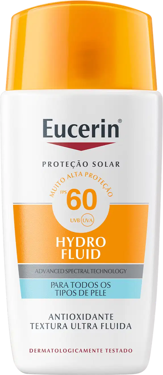 Frasco branco e laranja da marca Eucerin contendo protetor solar com FPS 60, com texto "Proteção Solar" e "Hydro Fluid" em destaque.