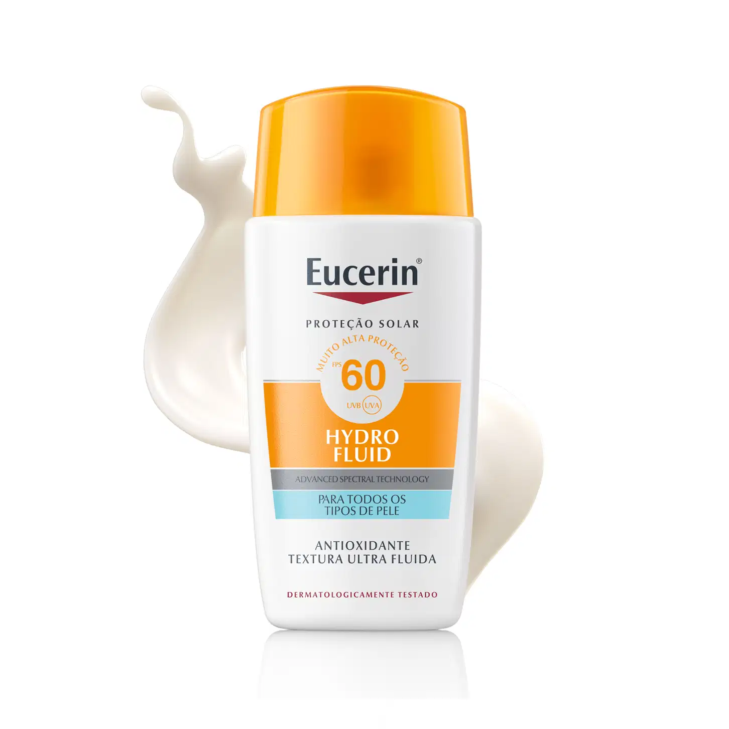 Frasco branco com tampa laranja da marca Eucerin, contendo um fluido de textura leve e brilhante, com superfície lisa e transparente, sugerindo um produto de proteção solar.