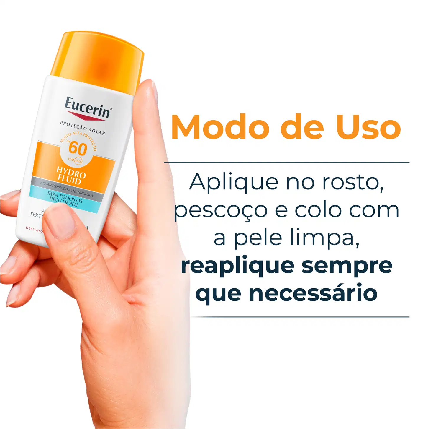 Embalagem de item de perfumaria da marca Eucerin com proteção solar FPS 60, com texto "Modo de Uso: Aplique no rosto, pescoço e colo com a pele limpa, reaplique sempre que necessário".
