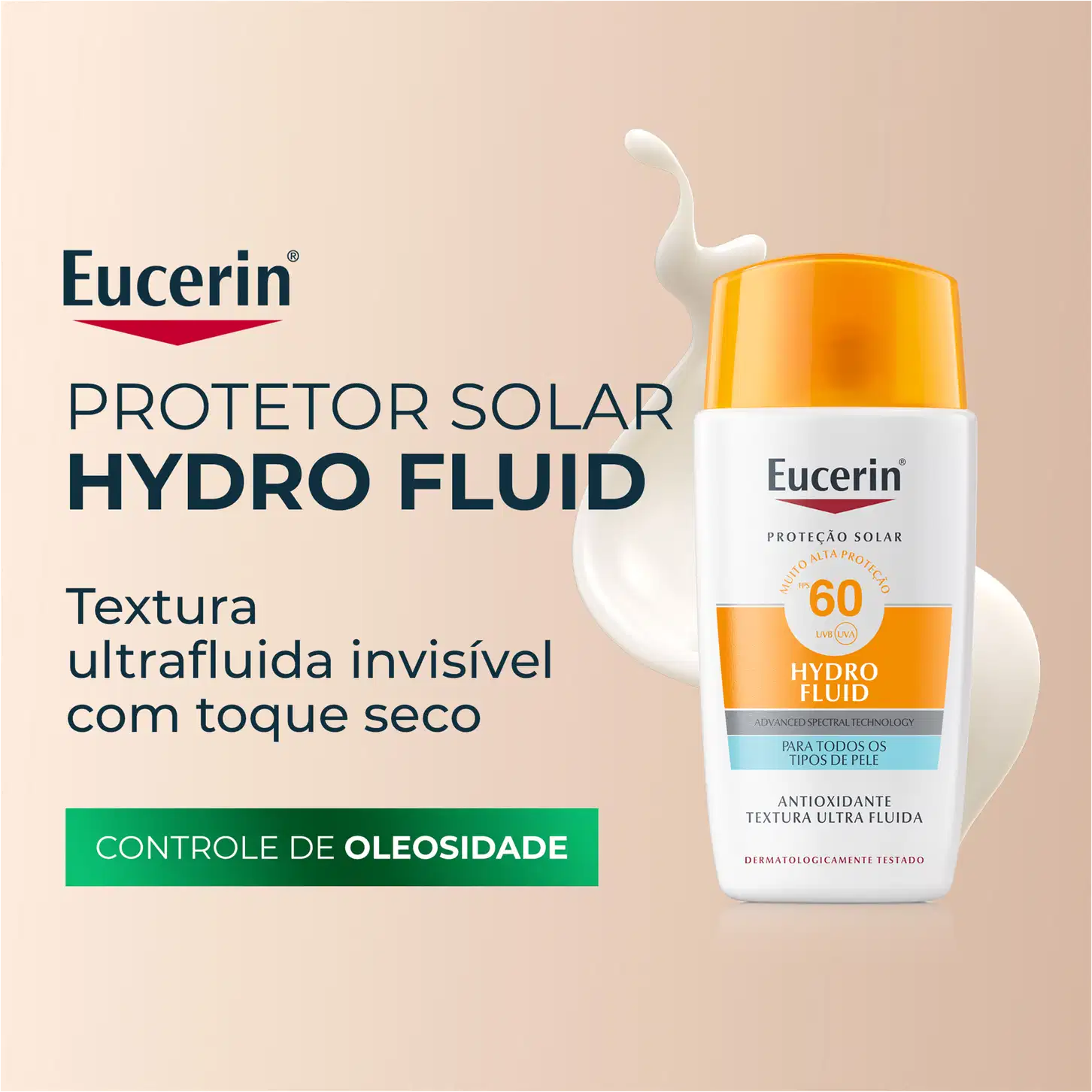 Frasco branco com tampa laranja da marca Eucerin, contendo protetor solar hidratante com FPS 60 e textura ultrafluida, para todos os tipos de pele.