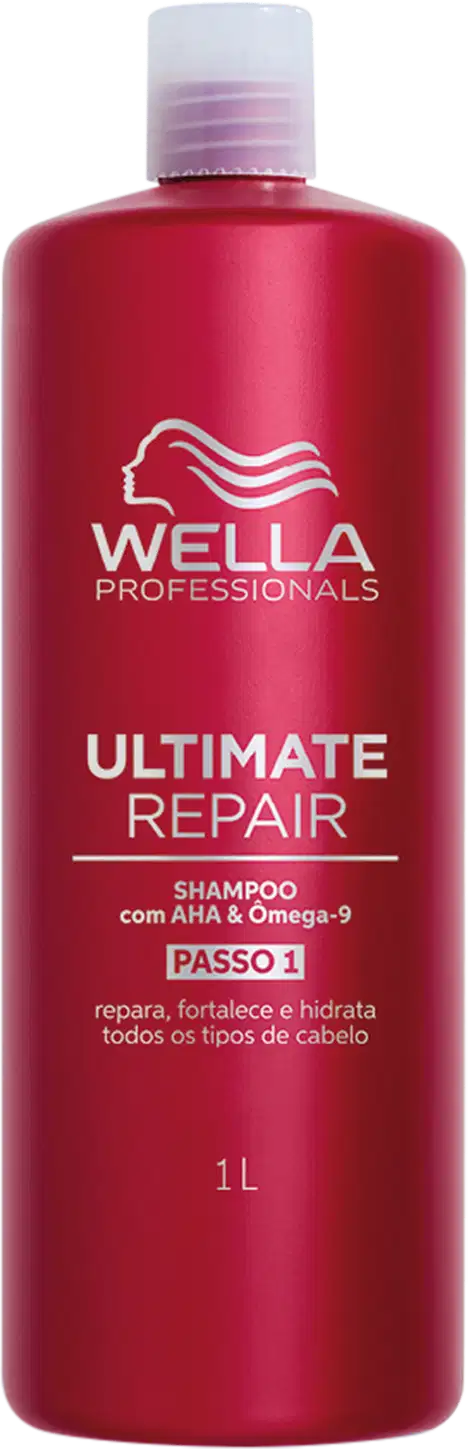 Shampoo Ultimate Repair da linha Wella Professionals. Embalagem vermelha com capacidade de 1 litro. Texto Ultimate Repair, informações sobre o produto e logotipo da marca Wella em branco.