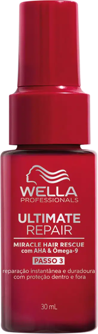 Produto da linha Ultimate Repair da marca Wella Professionals. Frasco plástico vermelho brilhante com formato cilíndrico. Rótulo indicando "Miracle Hair Rescue com AHA & Omega-9", passo 3 de "reparação instantânea e duradora com proteção dentro e fora".