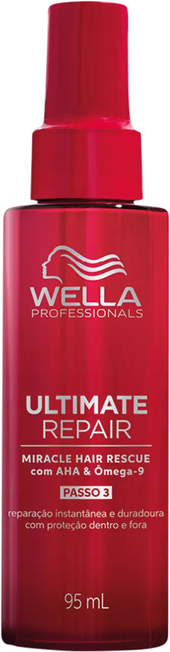 Produto da linha Ultimate Repair da Wella Professionals. Frasco plástico vermelho brilhante com formato cilíndrico e tampa da mesma cor. Rótulo com o logotipo da Wella, nome do produto "Ultimate Repair Miracle Hair Rescue" e descrição "com AHA & Omega-9".