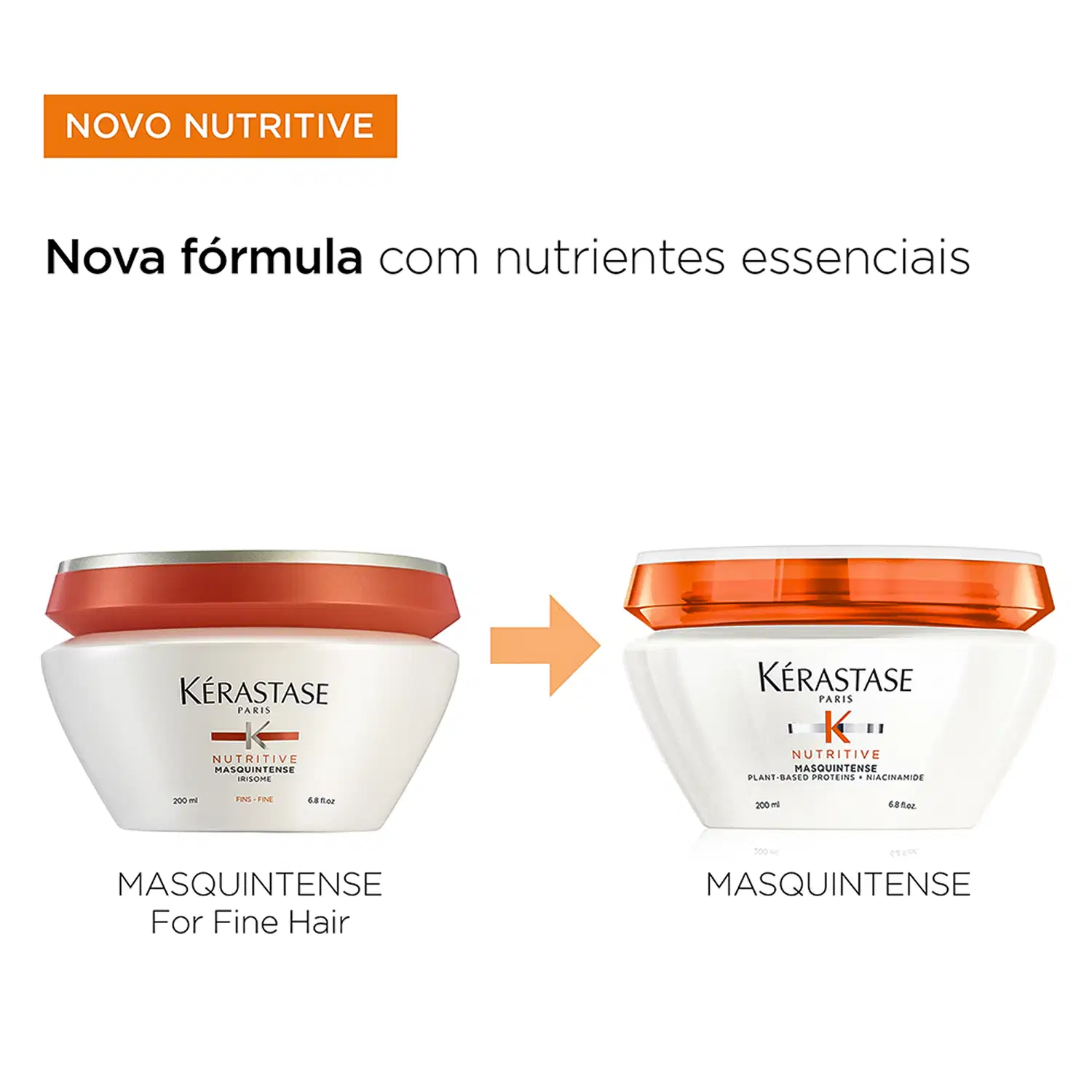 Dois frascos de creme Kérastase Nutritive Masquintense para cabelos finos, com embalagens brancas e tampas laranja. O texto destaca a nova fórmula com nutrientes essenciais.