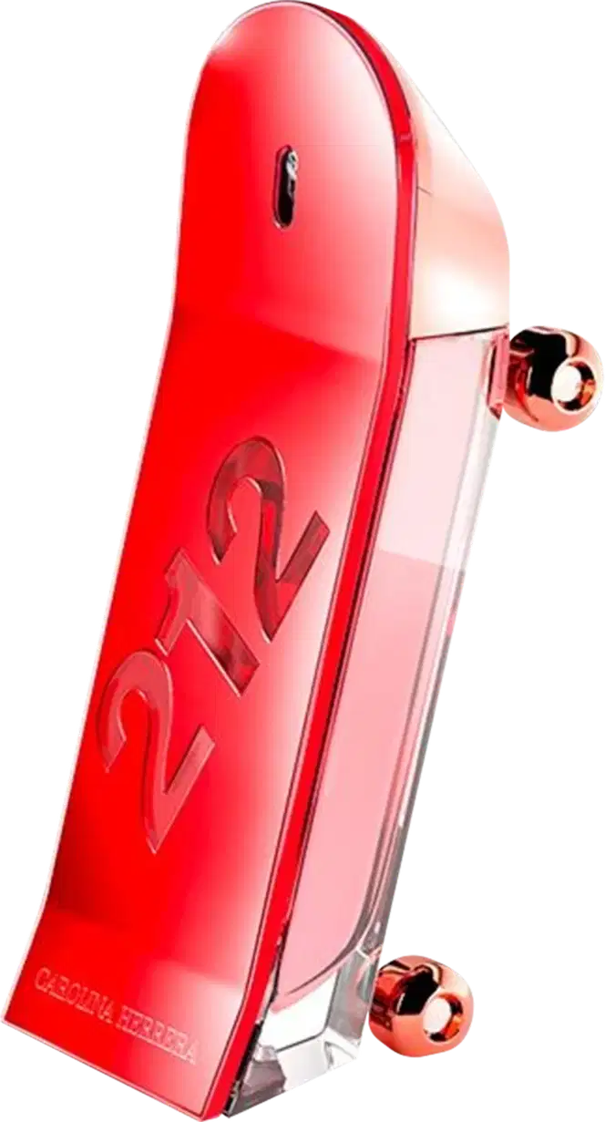 Frasco de perfume 212 Heroes For Her Collector Edition vermelho com design em formato de skate,  contendo o nome "212" em destaque. 
