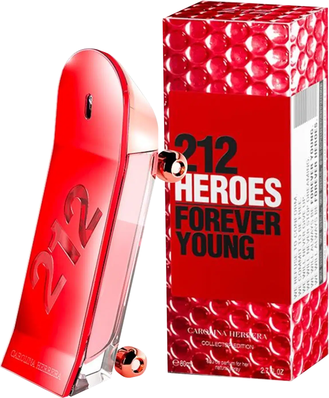 Frasco de perfume vermelho com design em formato de skate, embalado em caixa vermelha com texto "212 Heroes Forever Young". Produto da marca Carolina Herrera