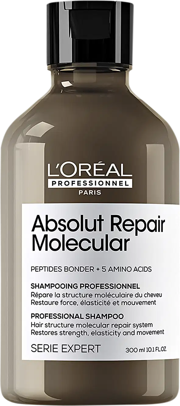 Shampoo da marca L'Oréal Professionnel Paris, com rótulo "Absolut Repair Molecular" e informações sobre o produto, incluindo "Peptides Bonder + 5 Amino Acids" e "Professional Shampoo".