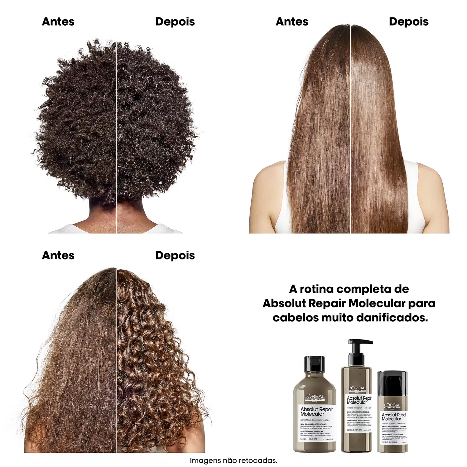 A rotina completa de Absolut Repair Molecular da L'Oréal Professionnel para cabelos muito danificados, com frascos em tons neutros e rótulos com o nome do produto.