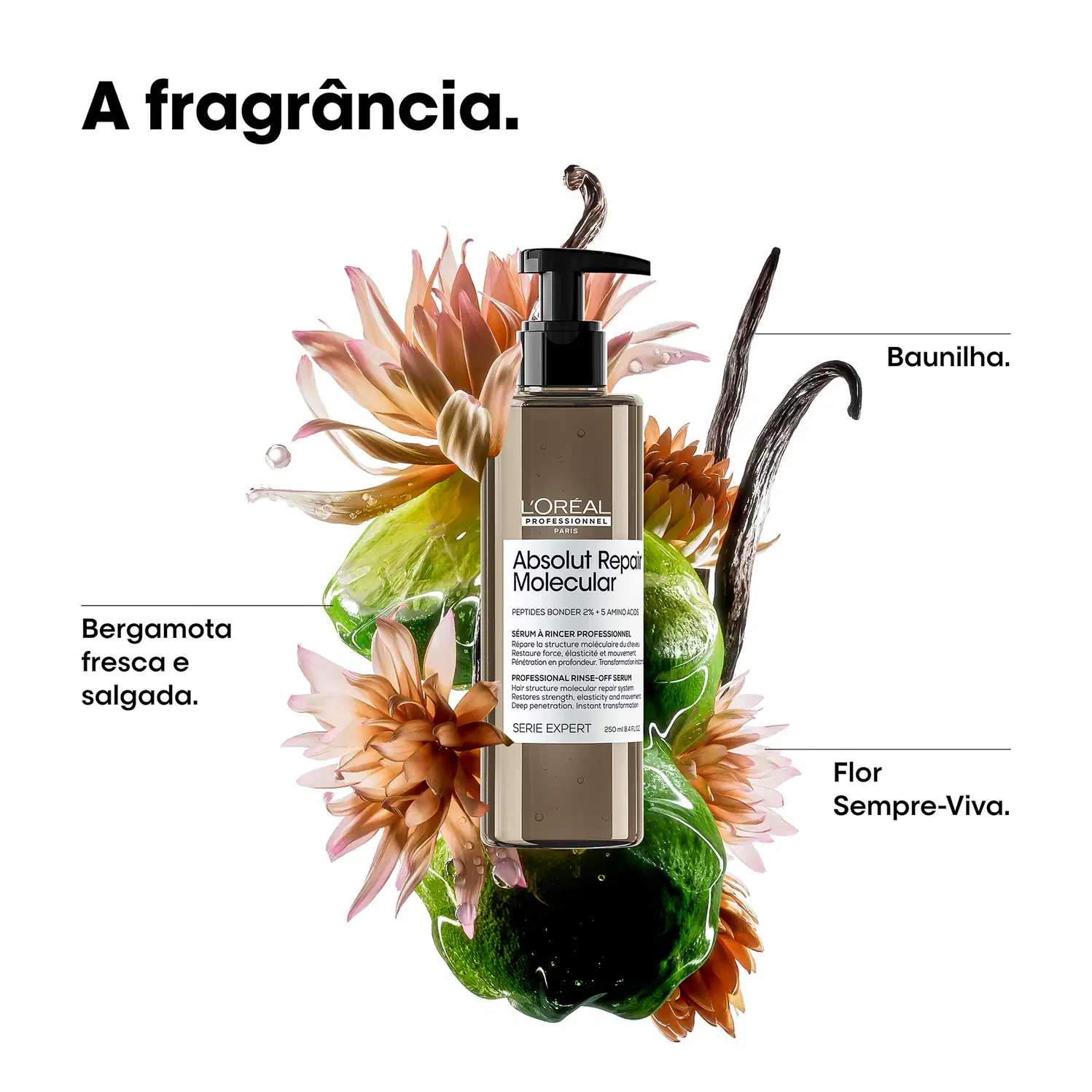 Frasco de sérum de cabelo L'Oréal Professionnel Absolut Repair Molecular, com bomba doseadora preta. Rótulo branco e cinza com informações sobre o produto, que promete reparação molecular do cabelo.