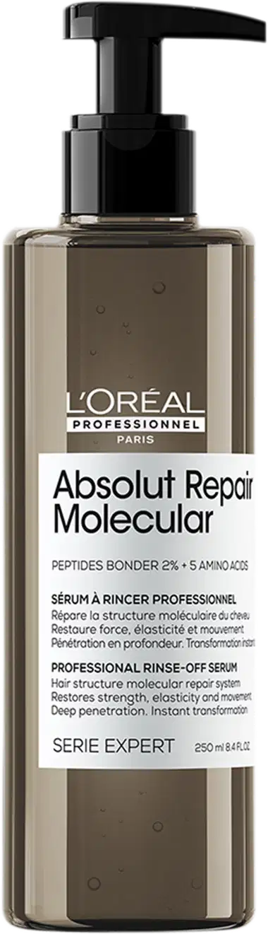 Frasco de sérum de cabelo L'Oréal Professionnel Absolut Repair Molecular, com bomba doseadora preta. Rótulo branco e cinza com informações sobre o produto, que promete reparação molecular do cabelo.