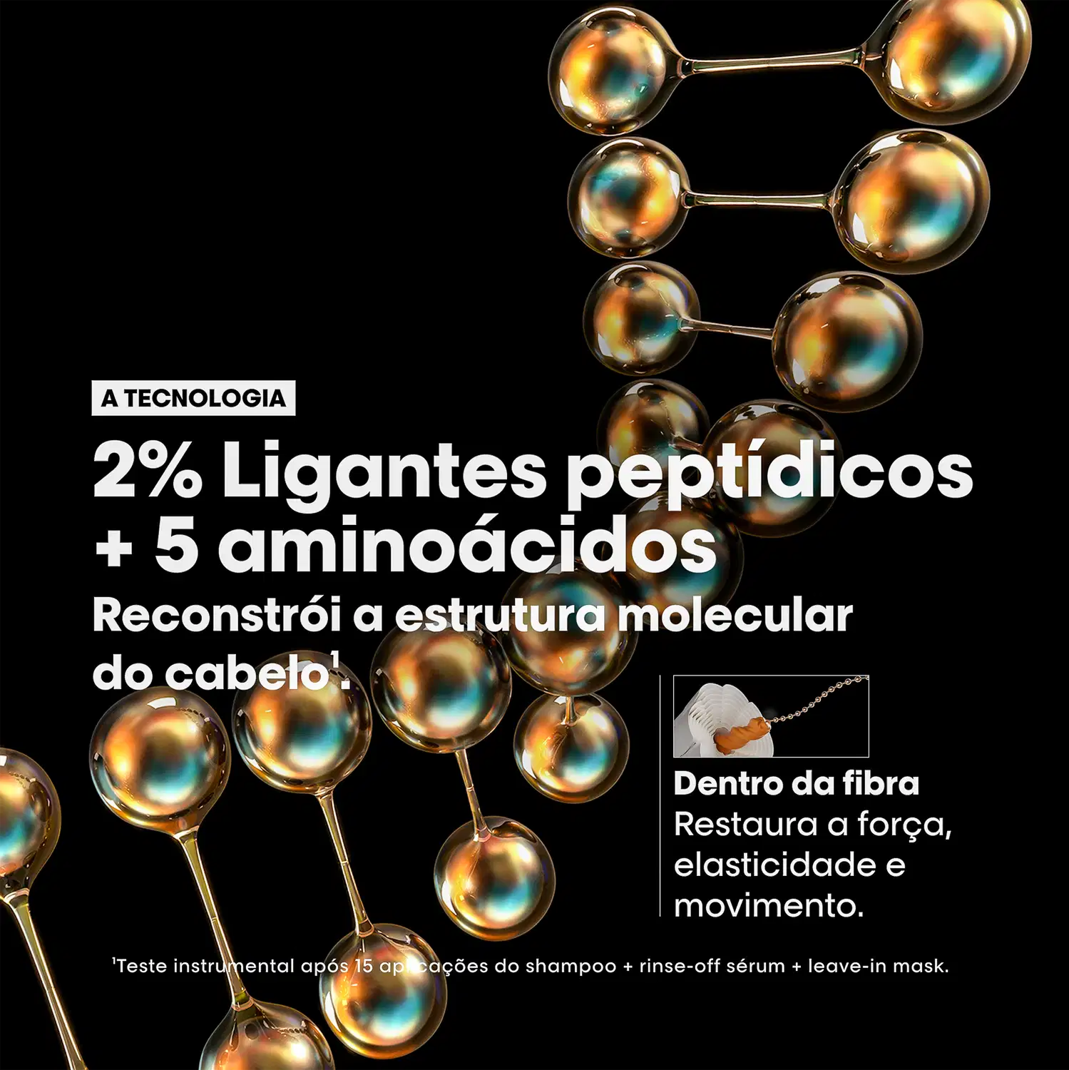 Produto de beleza da L'Oréal Professionnel com fórmula de 2% de ligantes peptídicos e 5 aminoácidos. Promete reconstruir a estrutura molecular do cabelo.