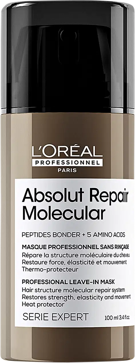 Frasco preto e bege da linha Absolut Repair Molecular da L'Oréal Professionnel, um tratamento capilar profissional que restaura a força, elasticidade e movimento dos cabelos.