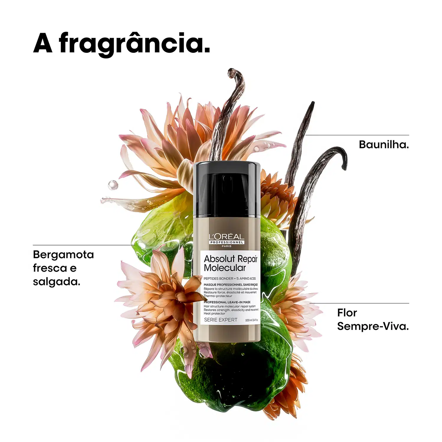 Ambiente de beleza profissional com flores coloridas, folhas verdes e frasco de tratamento capilar da L'Oréal Professionnel, destacando os ingredientes e benefícios do produto.