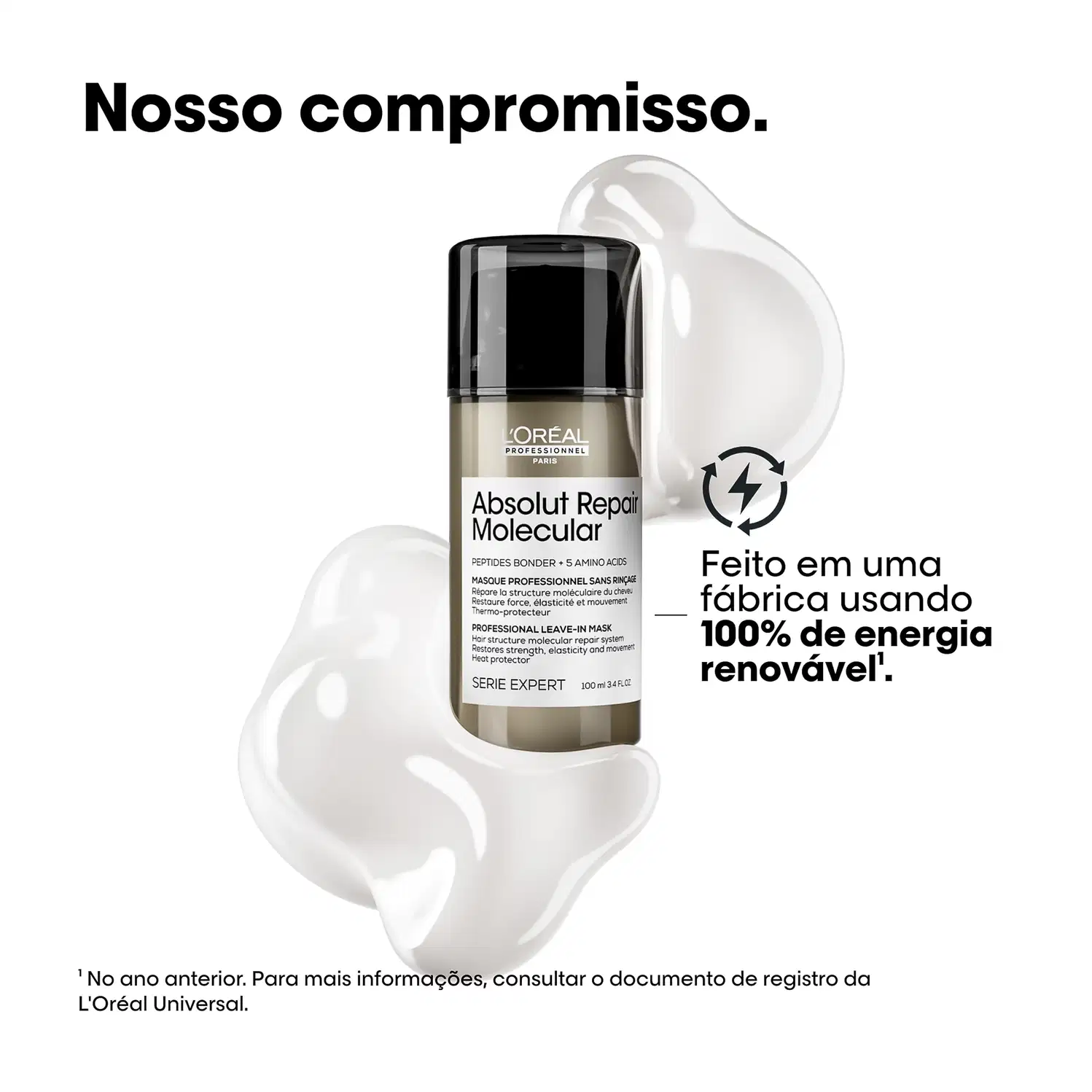 O ambiente é minimalista, com fundo branco e destaque para o frasco do produto, enfatizando sua eficácia e tecnologia inovadora.