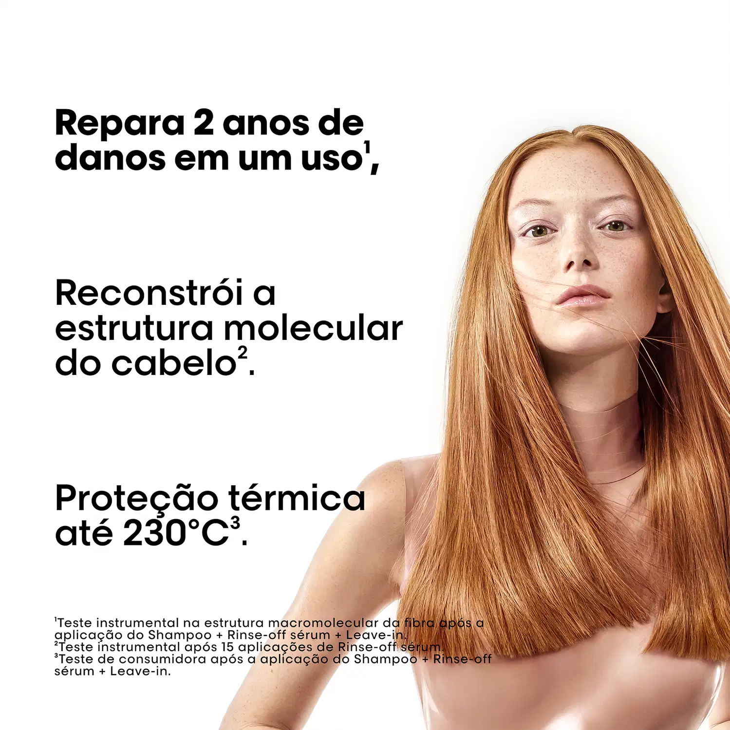 A imagem apresenta uma mulher com cabelos longos e ruivos, destacando os benefícios de um produto de reconstrução capilar da L'Oréal Professionnel, com informações sobre a proteção térmica até 230°C e a reparação da estrutura molecular do cabelo.