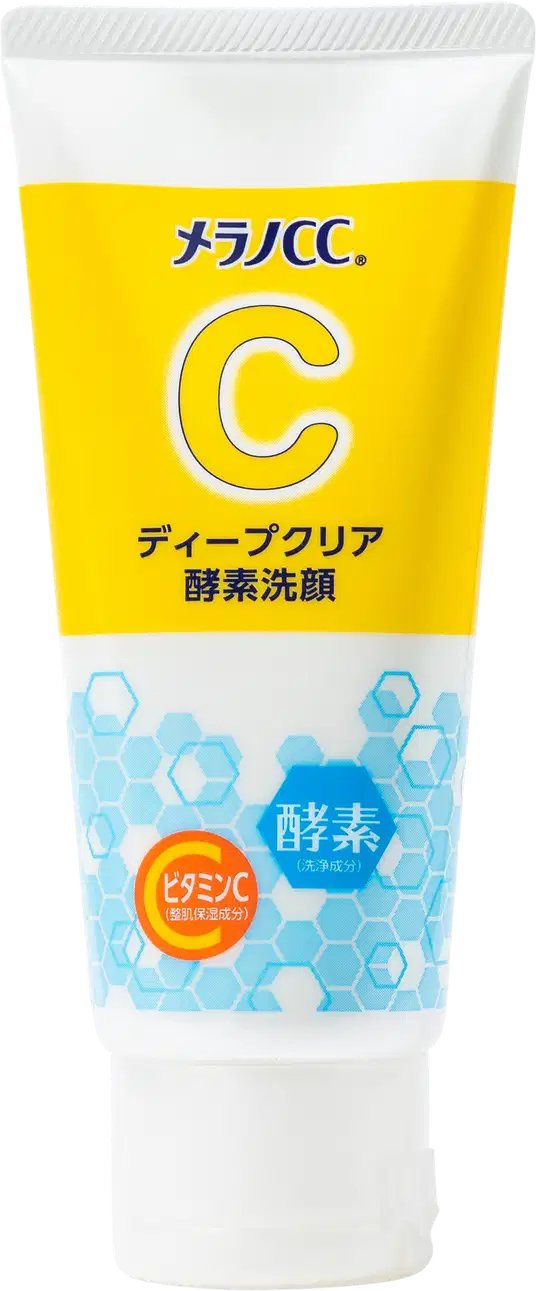 Tubo de produto de limpeza facial da marca Melano CC, com embalagem branca e amarela destacando o ingrediente vitamina C. O rótulo apresenta informações sobre o produto em japonês.