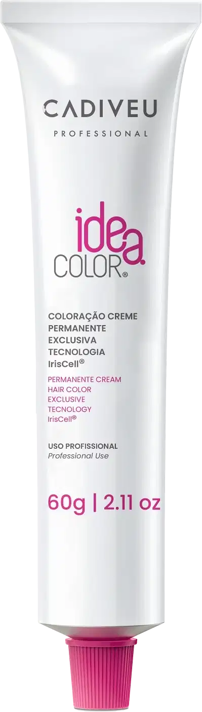 Caixa e tubo de creme de coloração permanente da marca Cadiveu Professional, com tecnologia Irisoft. Embalagem em tons de rosa e roxo, com texto "Idea Color" destacado.