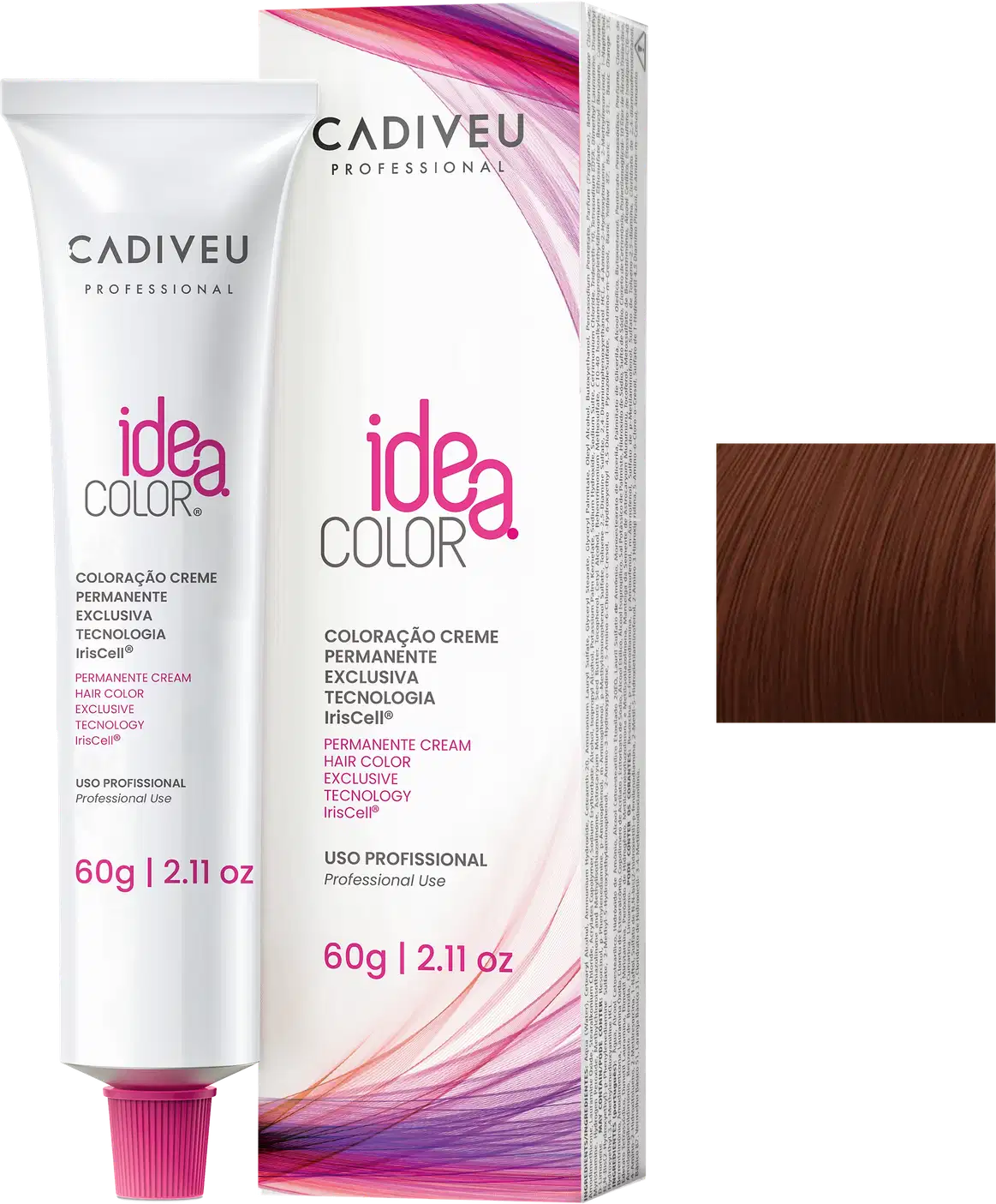 Caixa e tubo de creme de coloração permanente da marca Cadiveu Professional, com tecnologia Irisoft. Embalagem em tons de rosa e roxo, com texto "Idea Color" destacado.