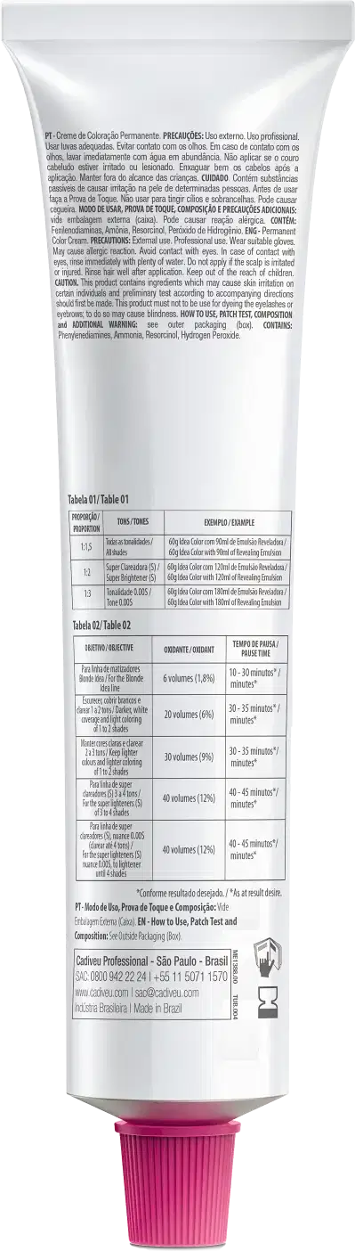 Caixa e tubo de creme de coloração permanente da marca Cadiveu Professional, com tecnologia Irisoft. Embalagem em tons de rosa e roxo, com texto "Idea Color" destacado.