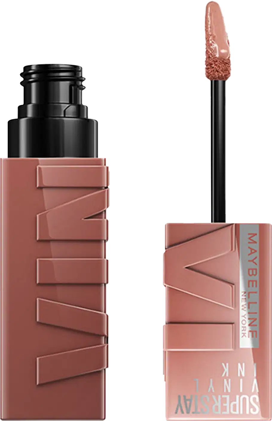 Produto de maquiagem Maybelline Super Stay Vinyl Ink, com embalagem preta e rosa, contendo um aplicador de ponta macia para aplicação do produto líquido de longa duração.