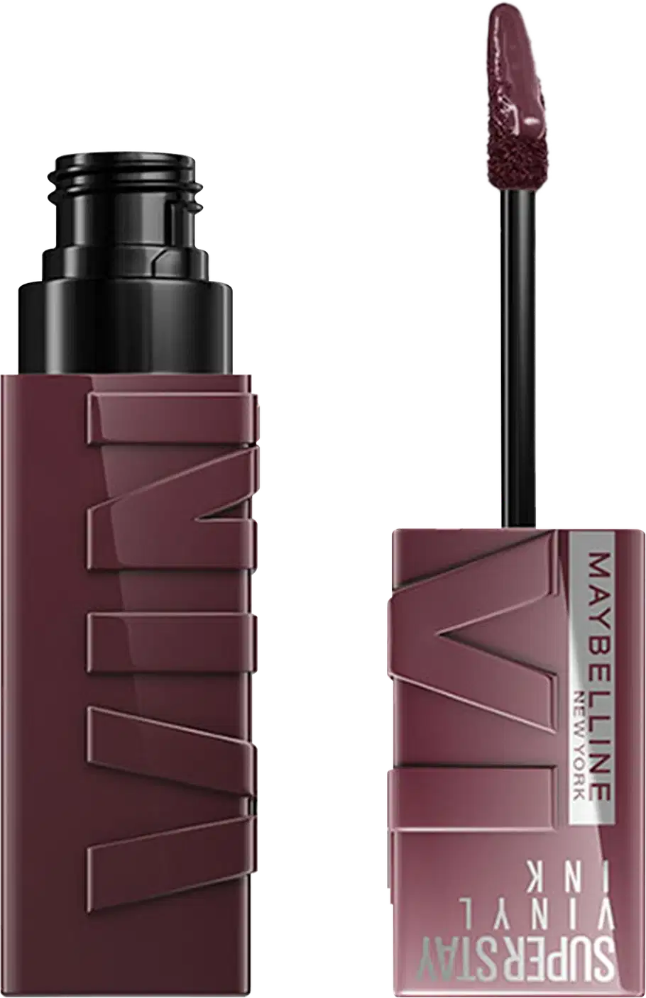 Frasco de maquiagem Maybelline Super Stay Vinyl Ink, em tom de vinho escuro, com aplicador em formato de pincel. Rótulo com o nome da marca e do produto em destaque.