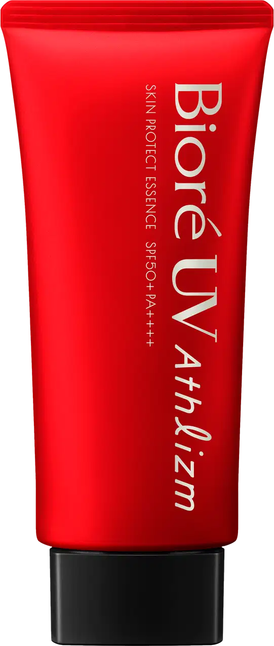 Tubo vermelho com rótulo em branco e preto exibindo o nome da marca "Biore UV Athlizm Skin Protect Essence FPS50". 