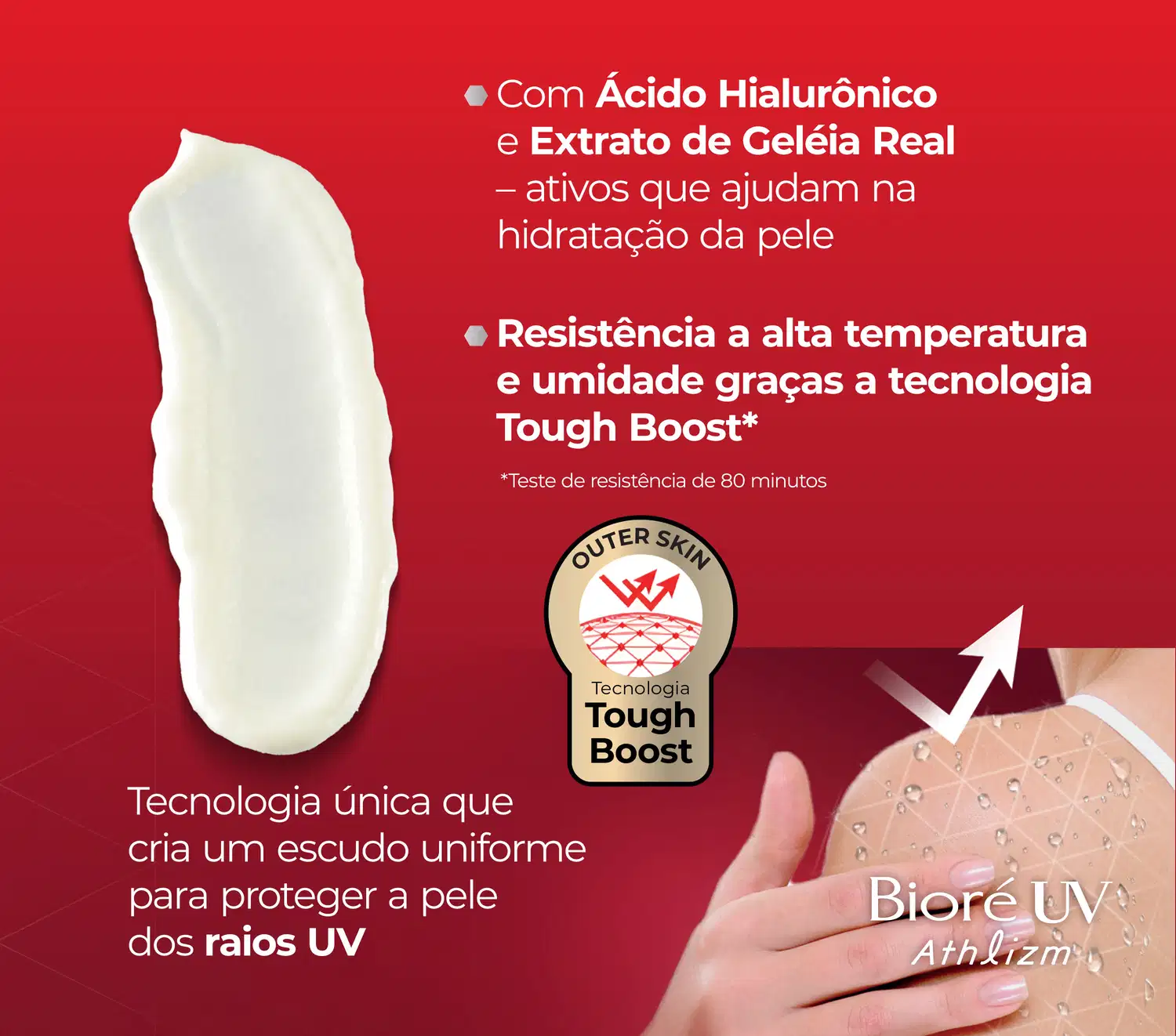 Com Ácido Hialurônico e Extrato de Geleia Real - ativos que ajudam na hidratação da pele. Resistência a alta temperatura e umidade graças à tecnologia Tough Boost*.