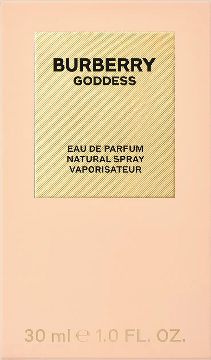 Frasco de perfume Burberry Goddess com 30 ml, embalagem em tons de bege e amarelo, com texto em preto destacando o nome da fragrância e informações sobre o produto.