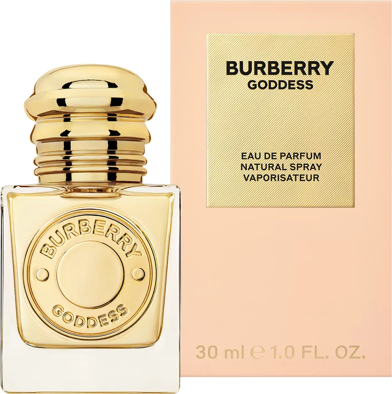 Frasco de perfume Burberry Goddess com 30 ml, embalagem em tons de bege e amarelo, com texto em preto destacando o nome da fragrância e informações sobre o produto.
