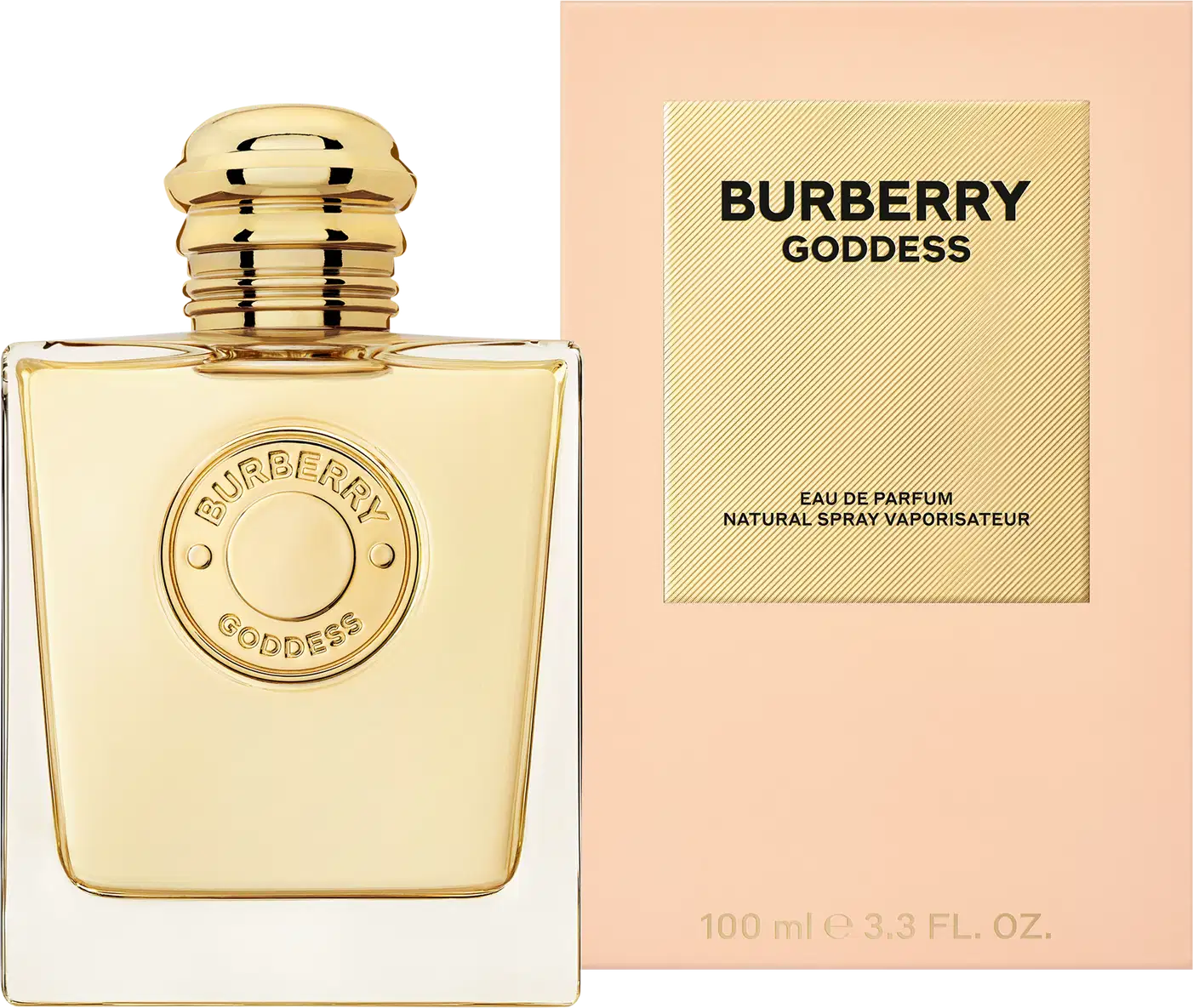 Frasco de perfume Burberry Goddess em embalagem retangular de cor pêssego com detalhes em dourado, contendo 100 ml de produto.