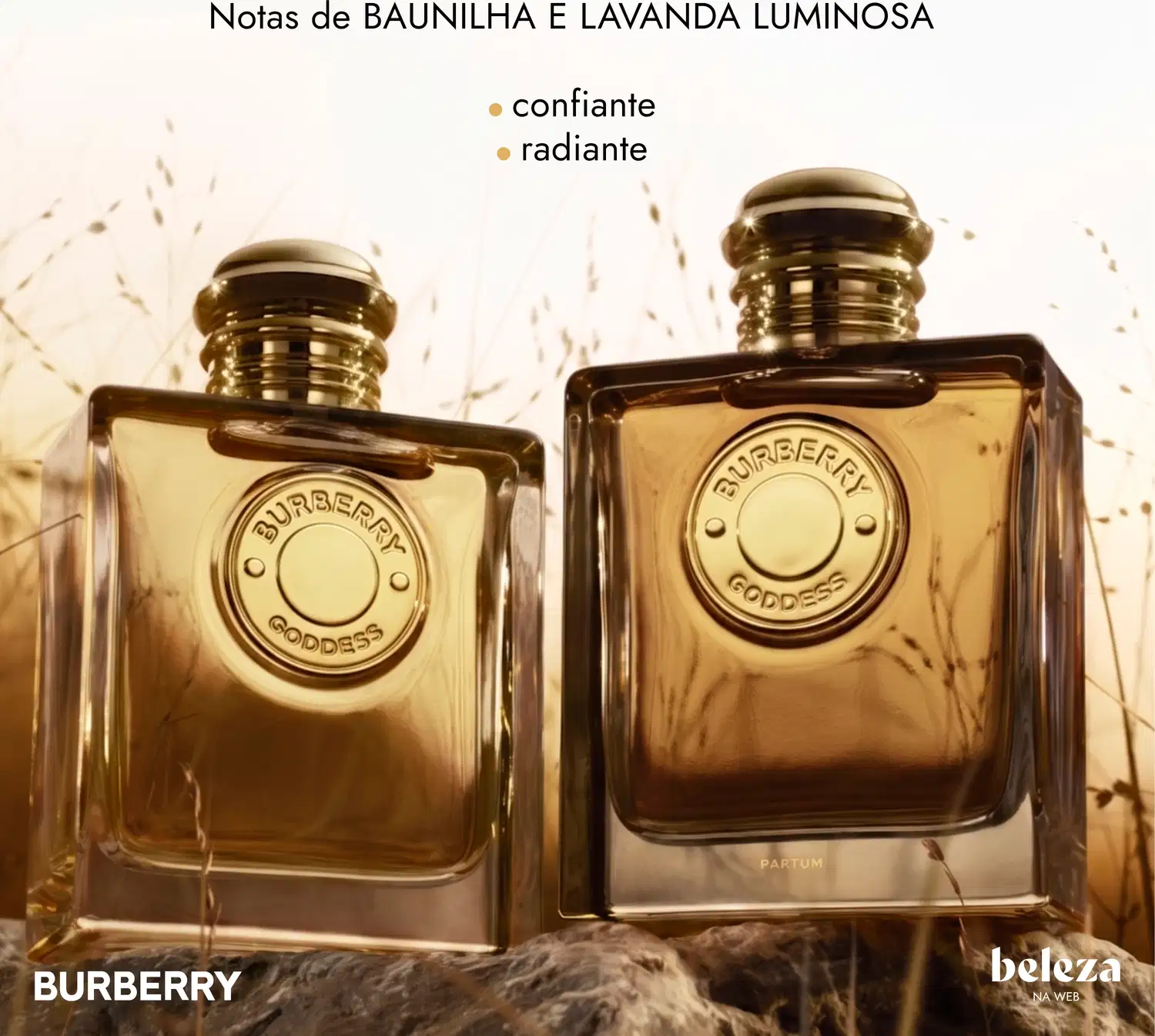 Dois frascos de item de perfumaria da marca Burberry, com rótulos dourados exibindo os dizeres "Burberry Goddess".