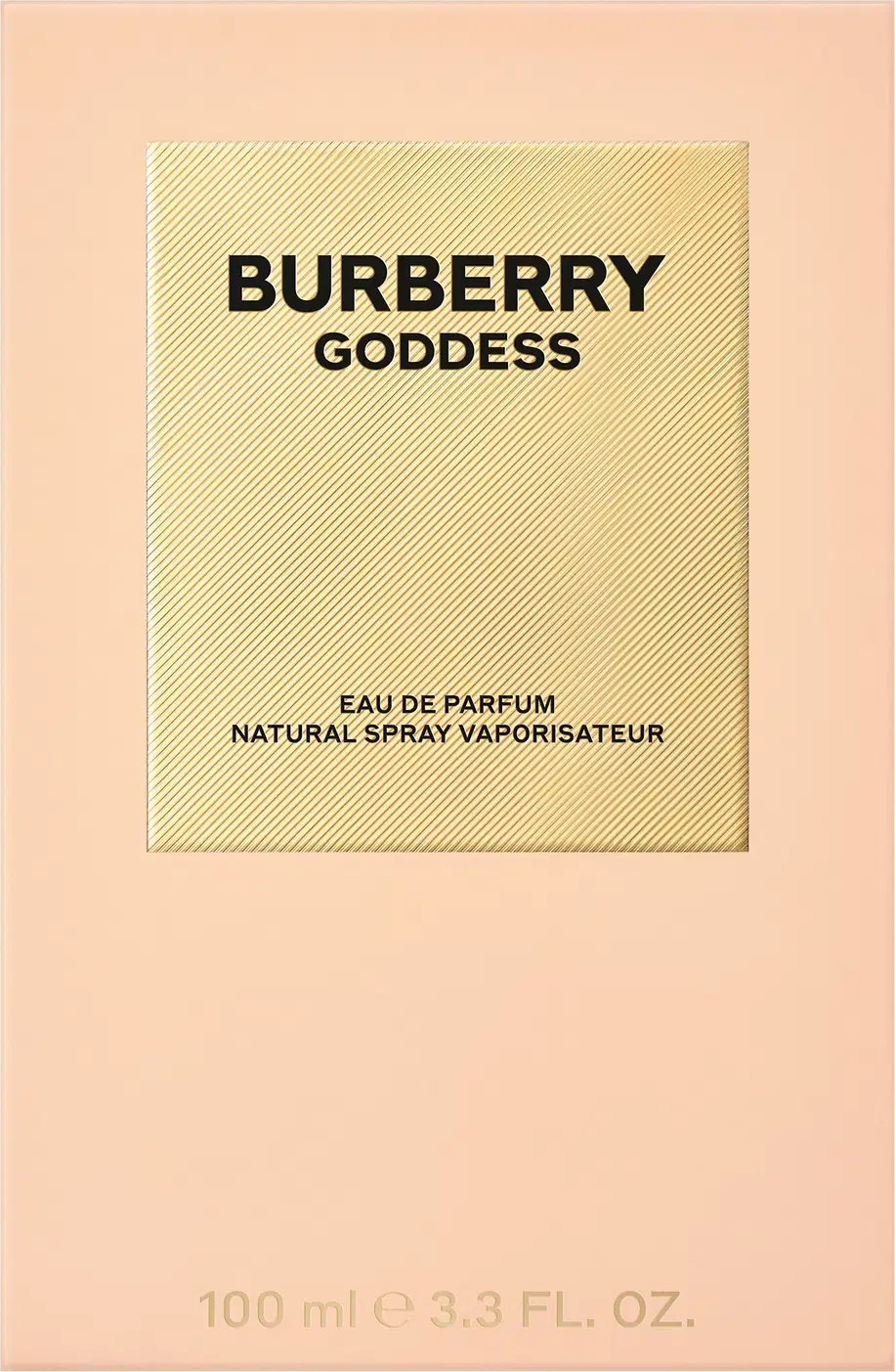 Frasco de perfume Burberry Goddess em embalagem retangular de cor pêssego com detalhes em dourado, contendo 100 ml de produto.