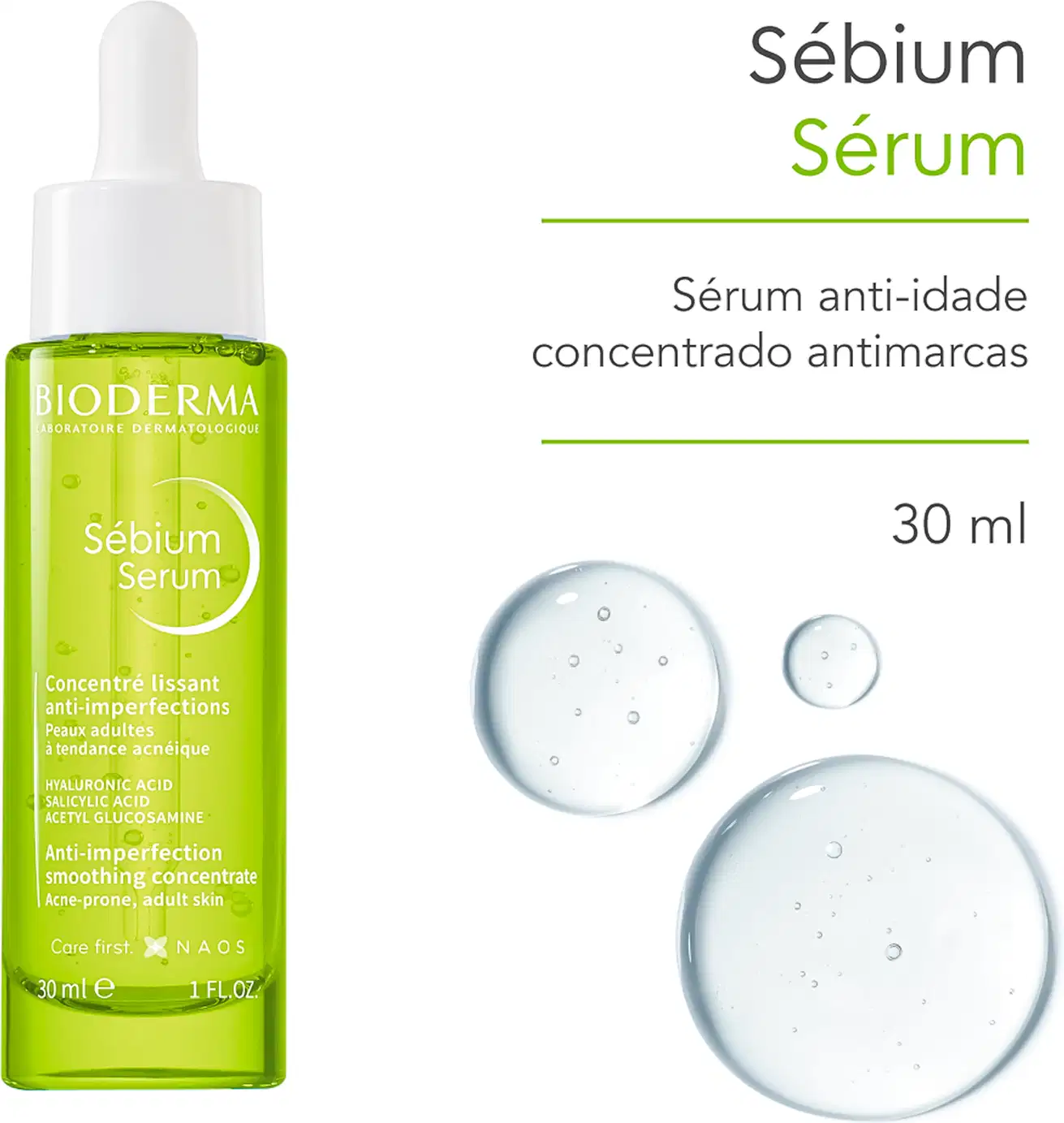 O sérum Bioderma Sébium apresenta uma textura líquida, de coloração verde clara, com aspecto fluido e leve. Sua aparência é transparente e brilhante, sugerindo uma consistência suave e fácil de aplicar na pele.