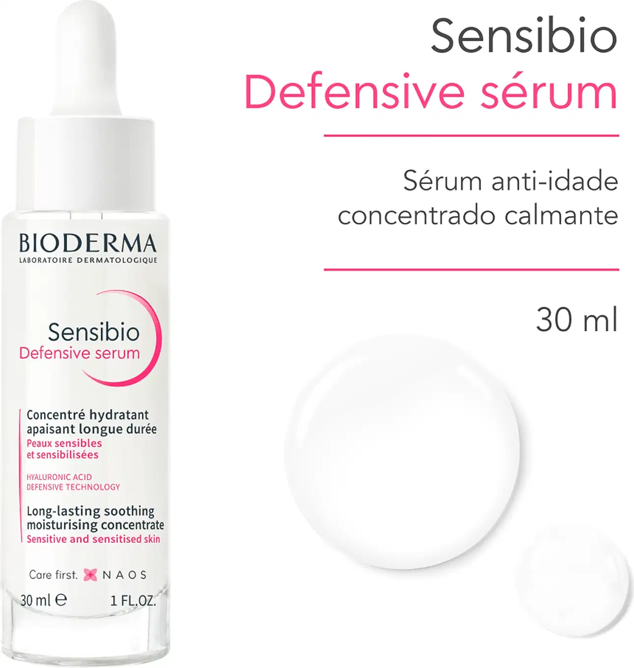 Frasco branco de soro facial da marca Bioderma, com pipeta e textura lisa, brilhante e transparente, contendo 30 ml de produto.