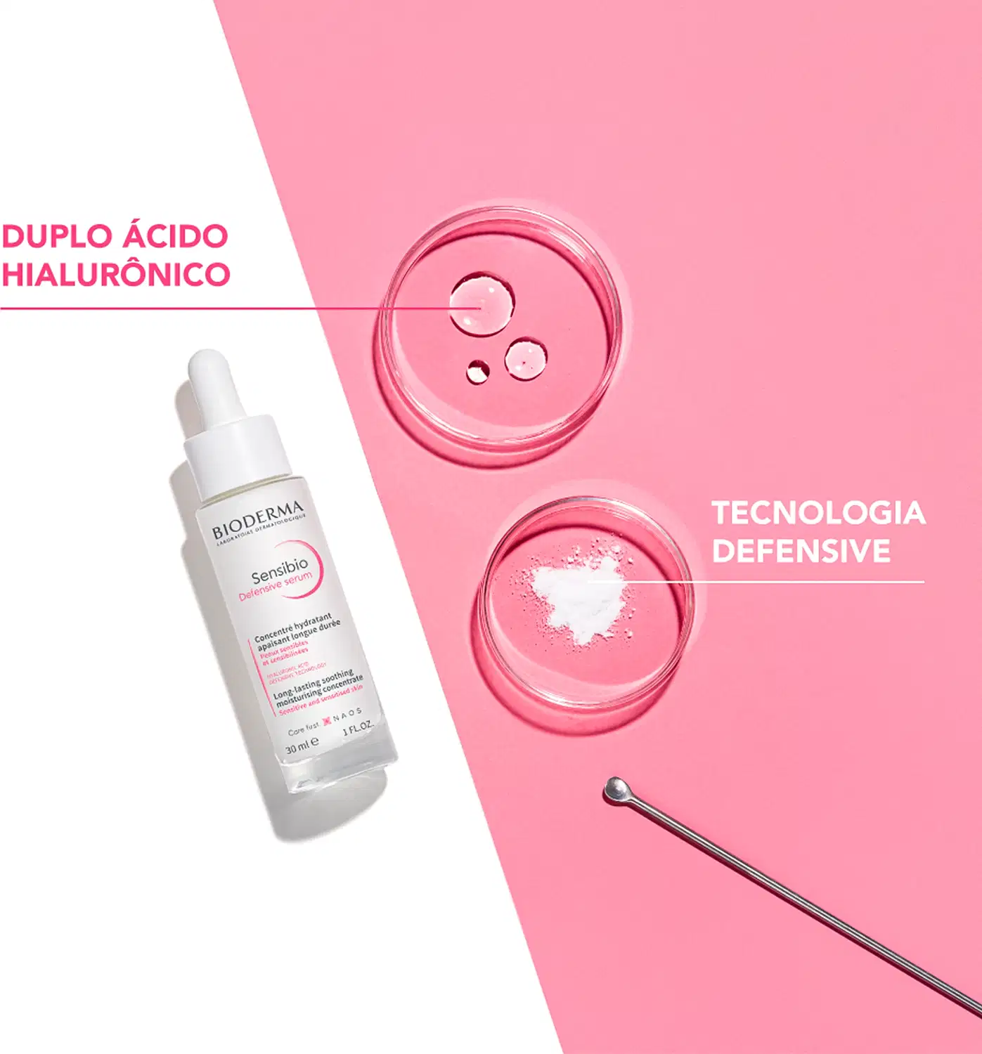 Embalagem de produto de cuidados para a pele da marca Bioderma em fundo rosa, com elementos de tecnologia e design minimalista.