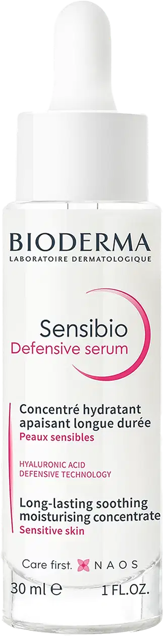 Frasco branco com conta-gotas da linha Sensibio da Bioderma, contendo sérum Bioderma Sensibio Defensive
