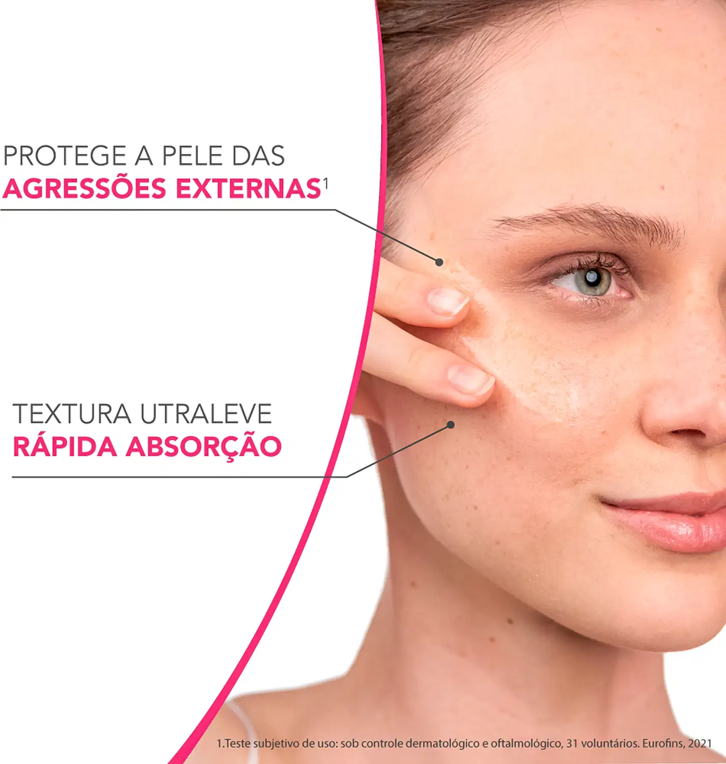 Imagem de produto de cuidados para pele com texto "PROTEGE A PELE DAS AGRESSÕES EXTERNAS" e "TEXTURA UTRALEVE RÁPIDA ABSORÇÃO".