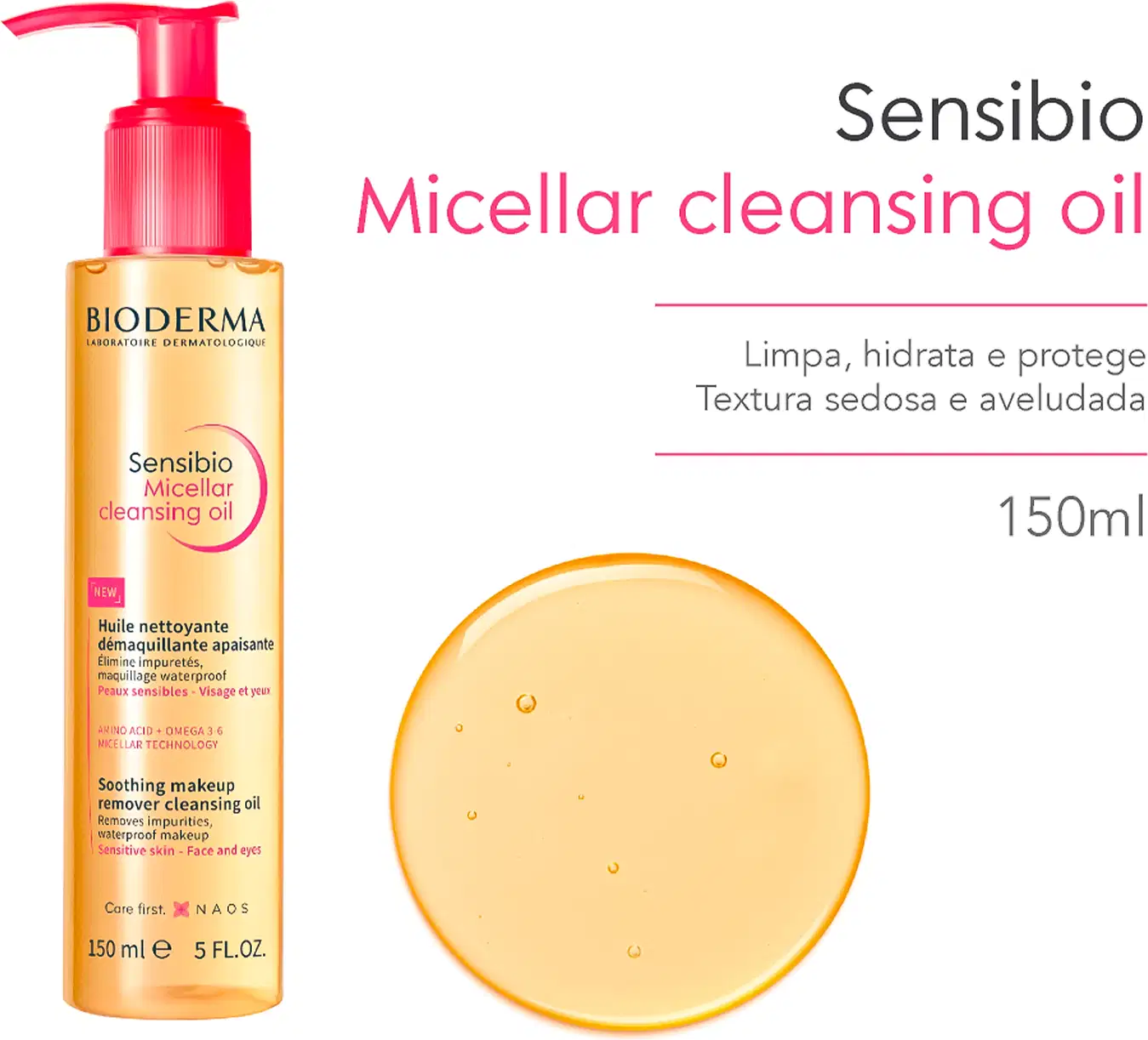 Frasco de óleo de limpeza micelar da marca Bioderma com textura líquida, brilhante e transparente, com gotas aparentes em superfície circular.