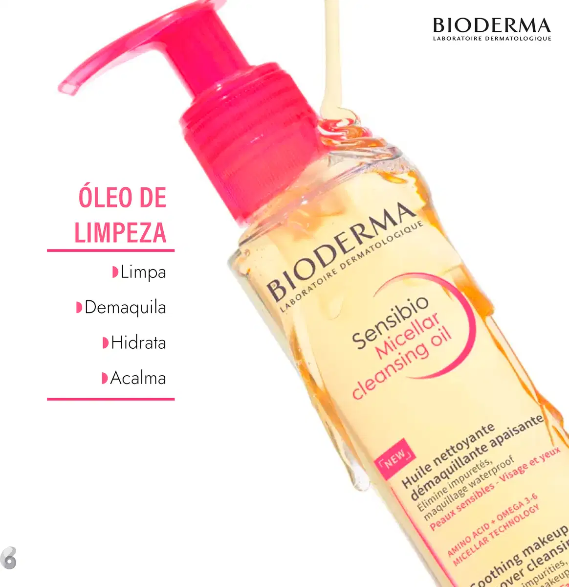 Frasco de óleo de limpeza da marca Bioderma com bomba doseadora, contendo texto "Sensibio Micellar Cleansing Oil" e informações sobre os benefícios do produto, como limpar, desmaquiar, hidratar e acalmar a pele.