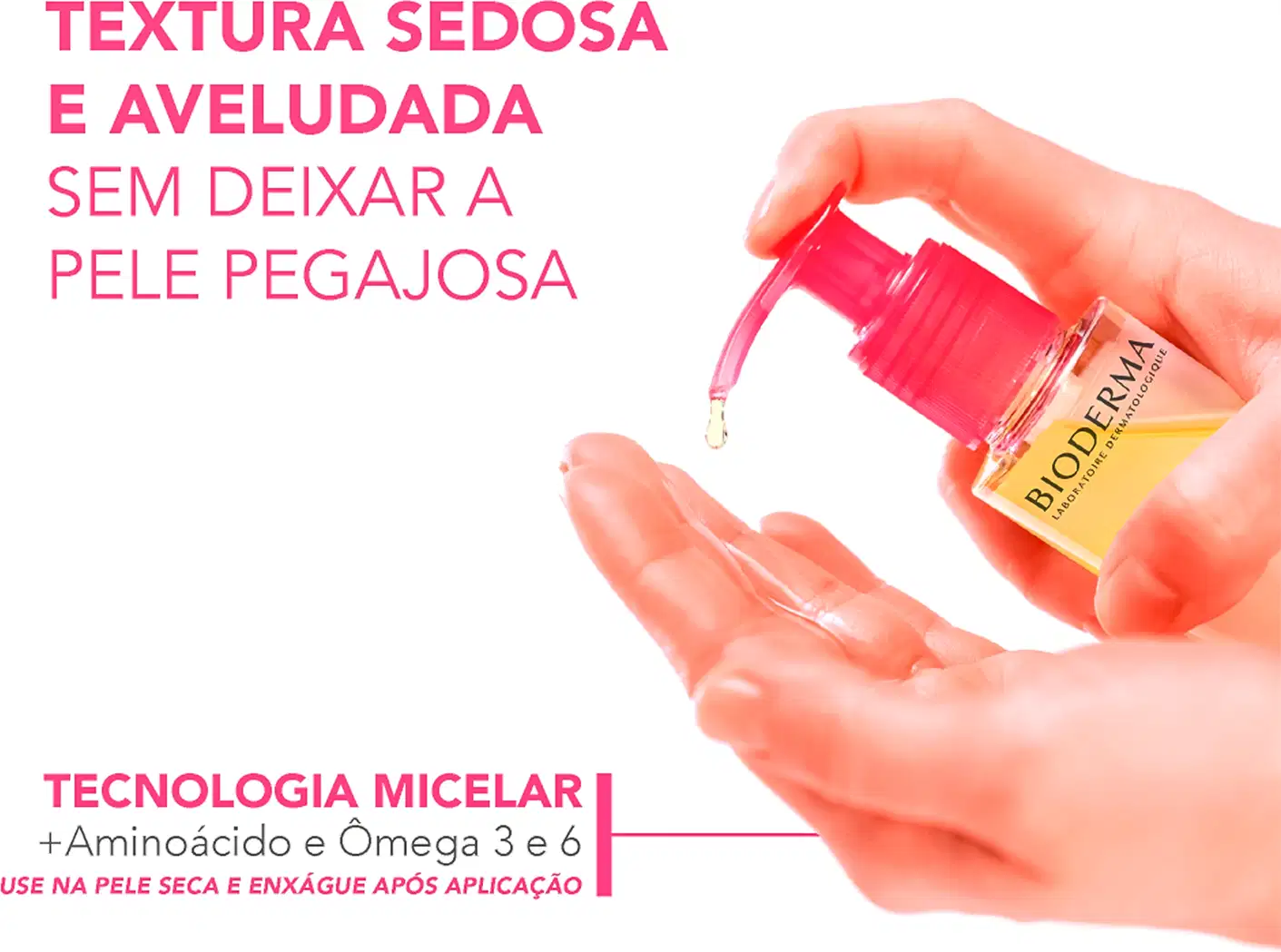 Frasco de item de perfumaria com textura sedosa e aveludada, sem deixar a pele pegajosa, da marca Bioderma, em cores rosa e laranja, com texto legível sobre tecnologia micelar e ingredientes.